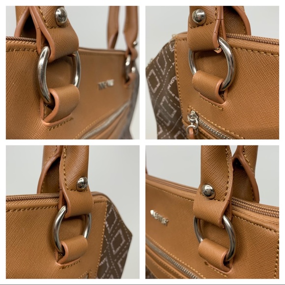 Nine West Brown Camel Tan All Over Geometric Pattern Contrast Satchel Purse - Picture 6 of 16